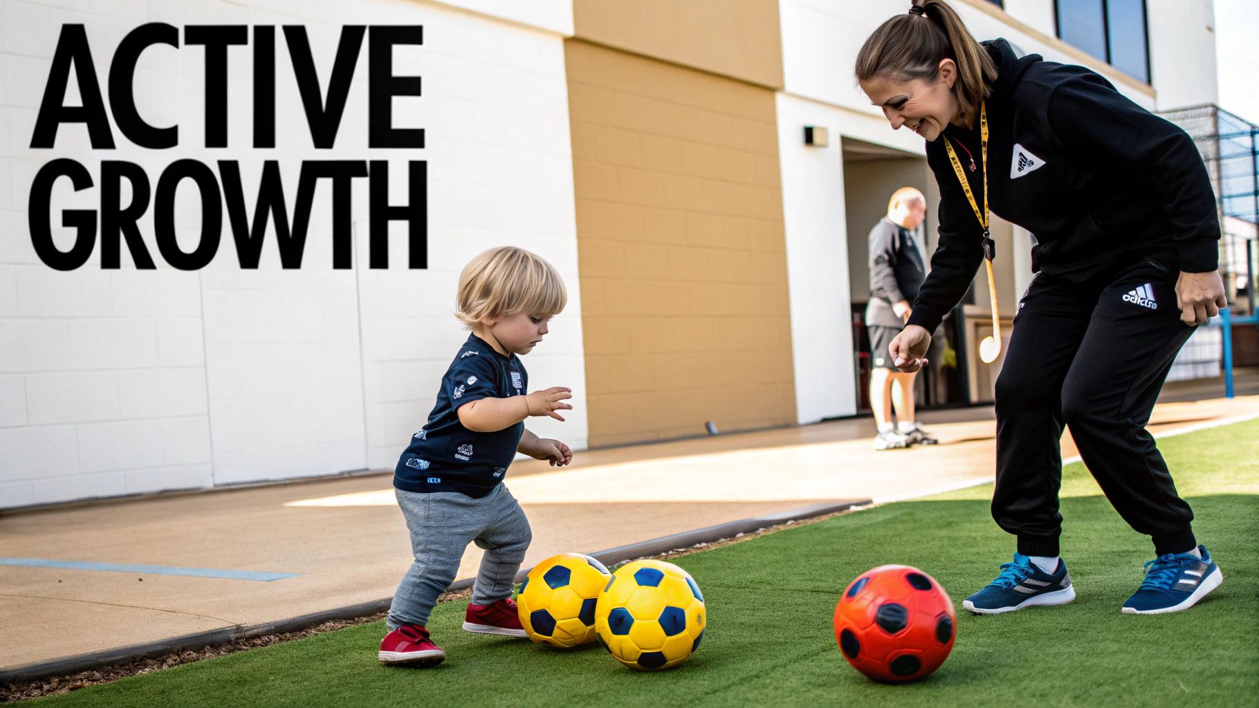A smiling coach guides a young toddler playing with soccer balls on a green artificial turf.