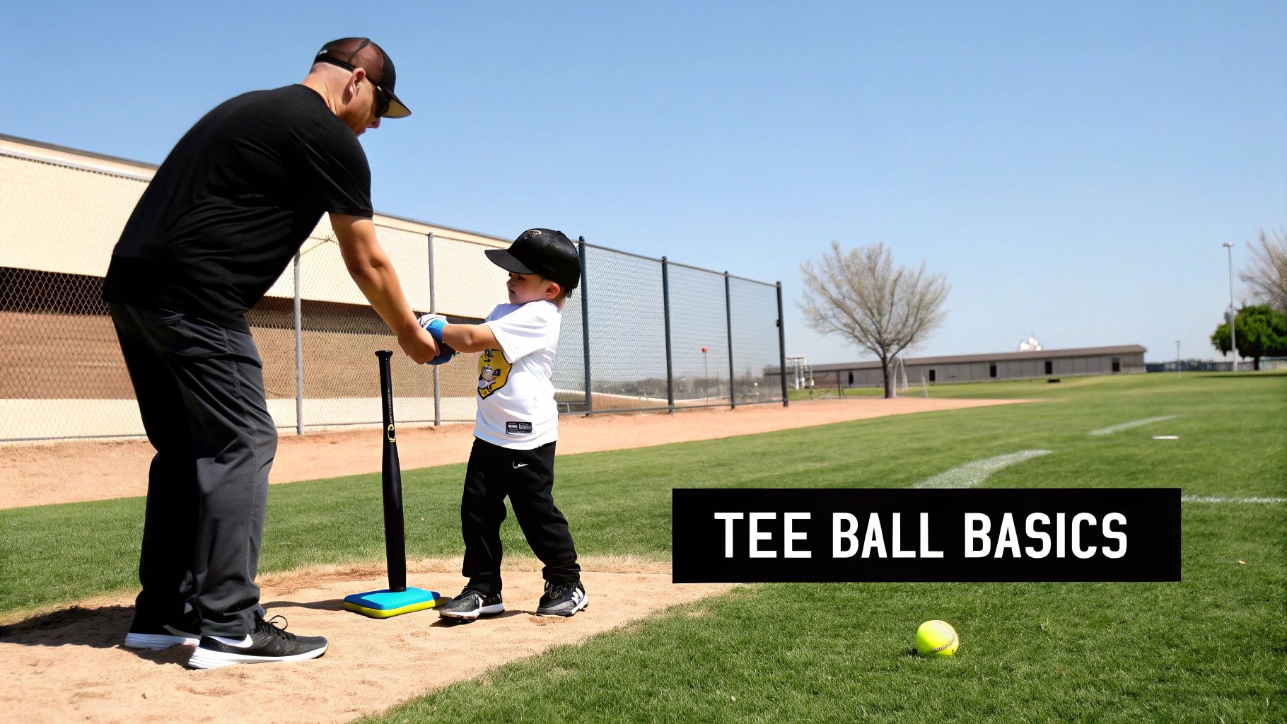 A man teaches a young boy tee-ball basics on a sunny baseball field with a bat, tee, and ball.