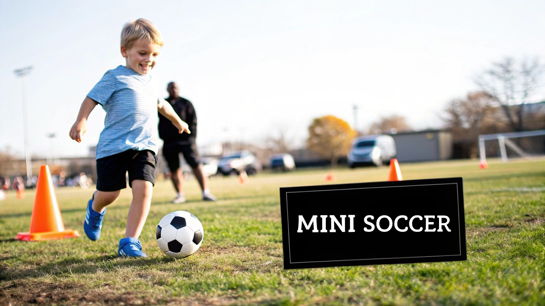 A cheerful boy practices mini soccer, kicking a ball near cones on a sunny field.