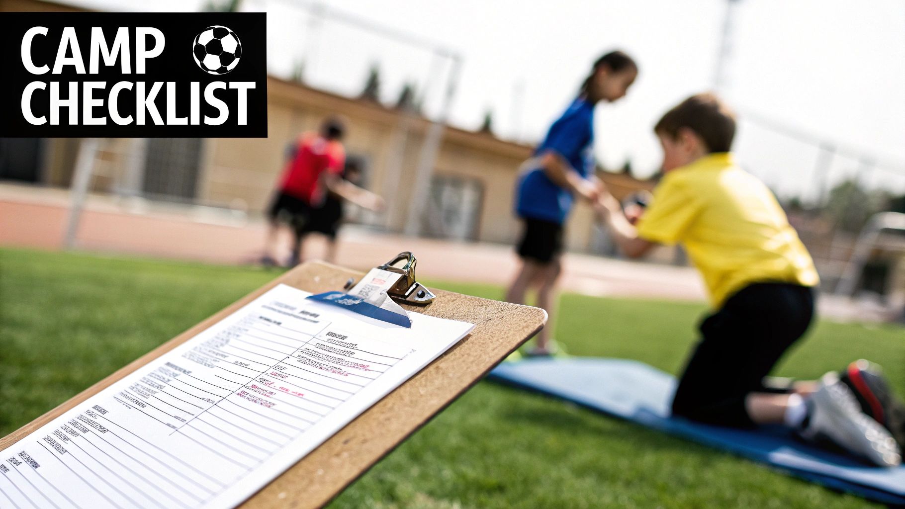 Close-up of a camp checklist on a clipboard with children training on a soccer field.