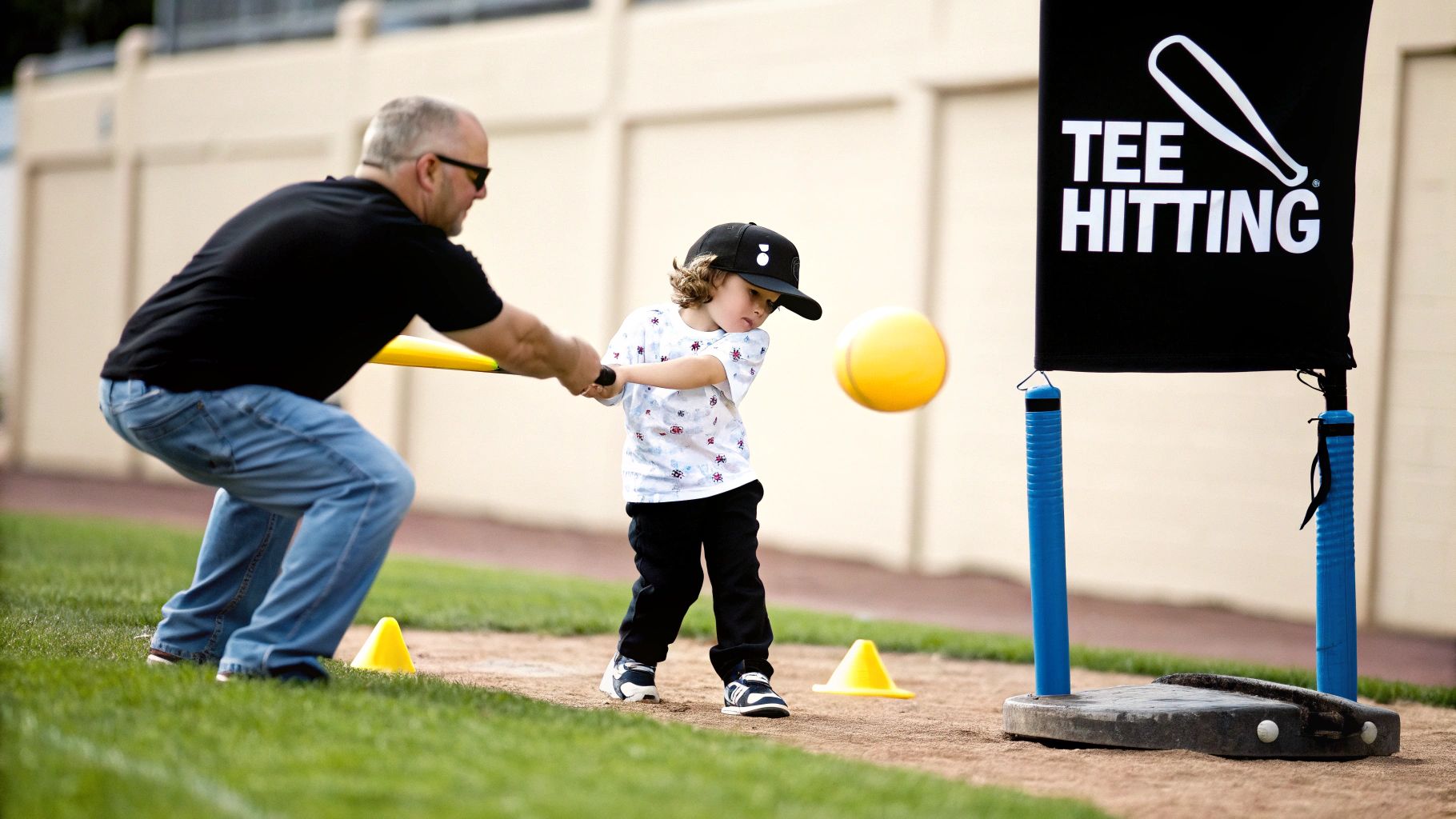 An adult helps a young child learn to hit a yellow ball off a tee during a tee-ball drill.
