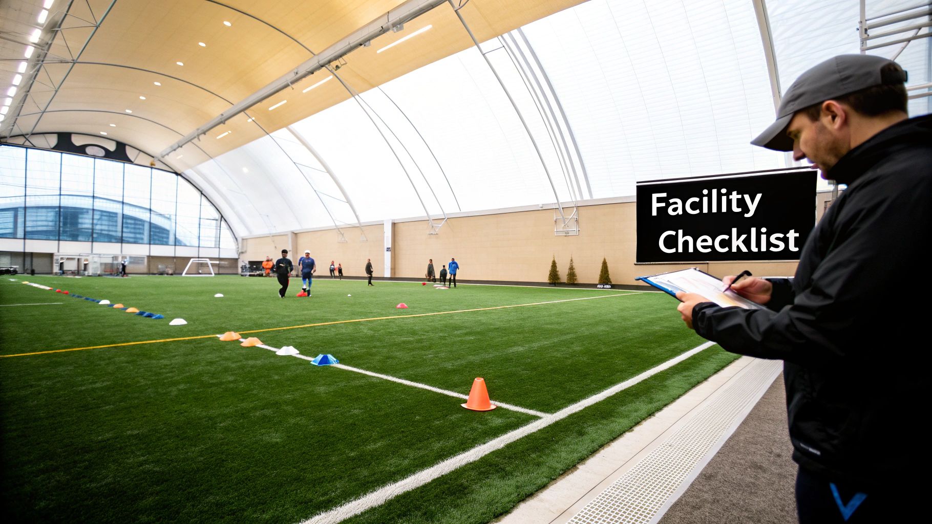 A man checks an indoor soccer facility checklist while athletes train on the turf field.