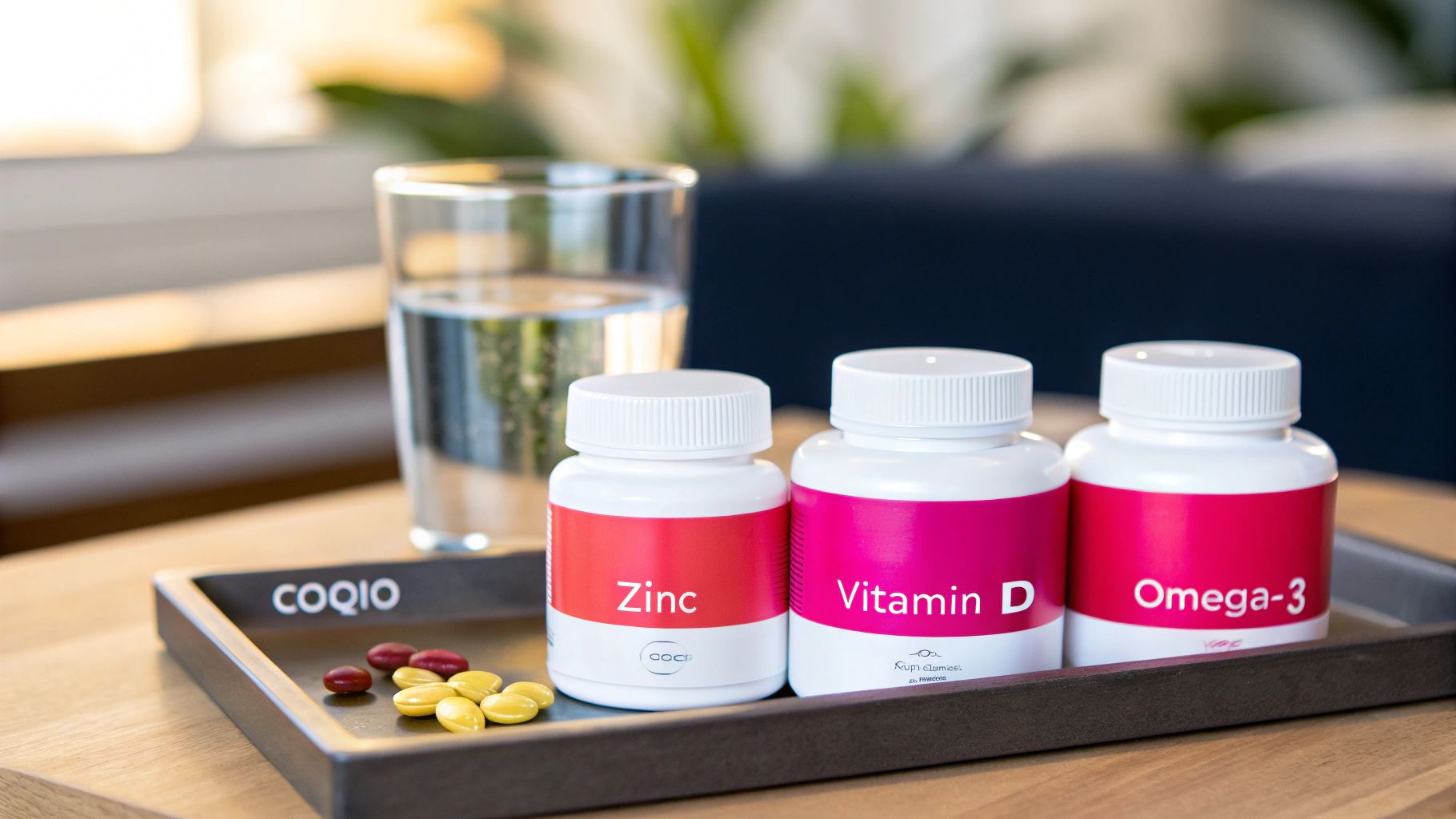 Tre flasker med vitamintilskudd merket sink, vitamin D og omega-3 med piller og vannglass