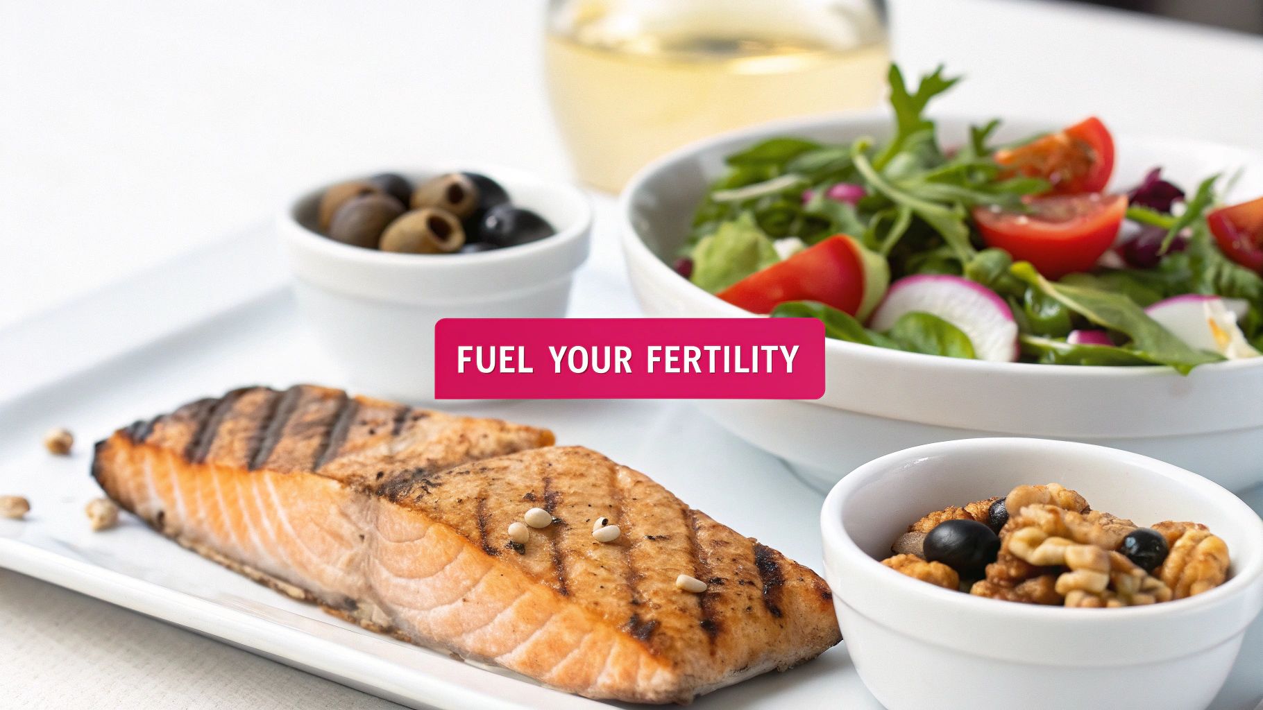 Grillet laks med frisk salat, oliven, valnøtter og hvitvin for fertilitetsernæring