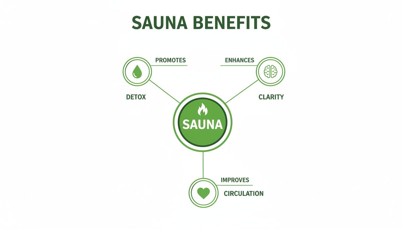 Diagram showing sauna benefits, including detox, clarity, and improved circulation.