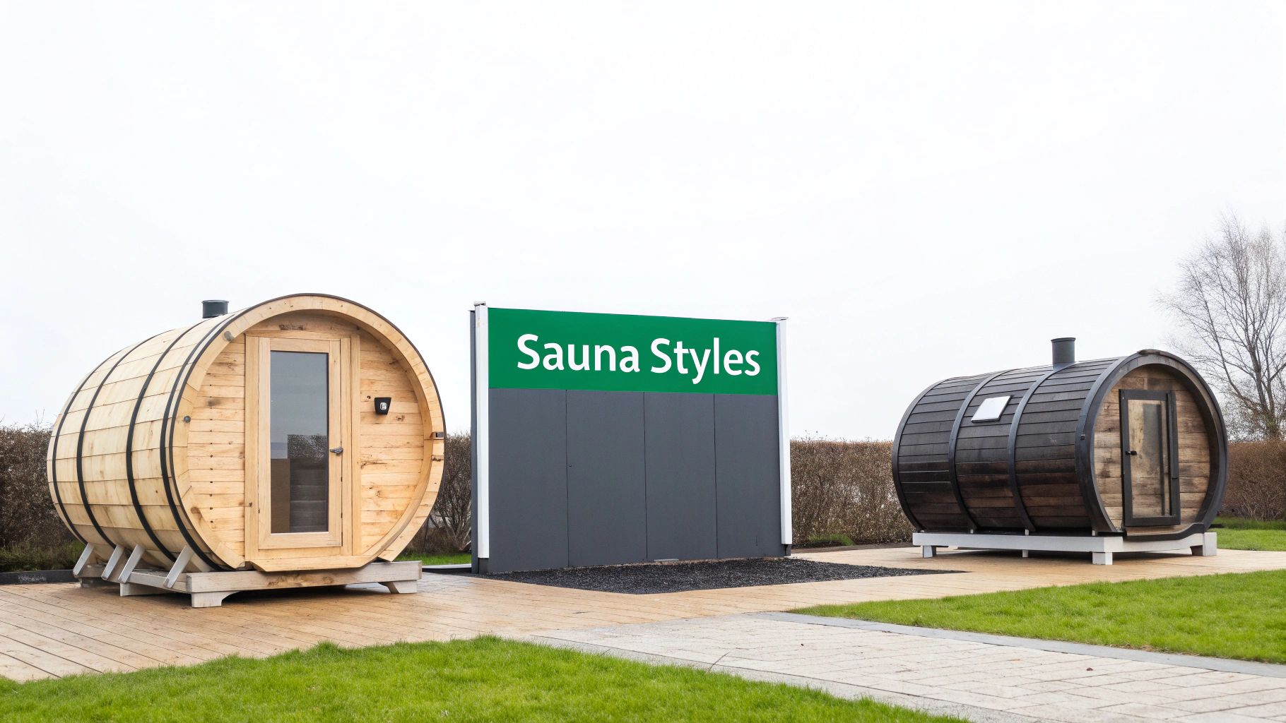 Two barrel saunas, one light wood and one dark, flank a 'Sauna Styles' sign on a wooden deck.