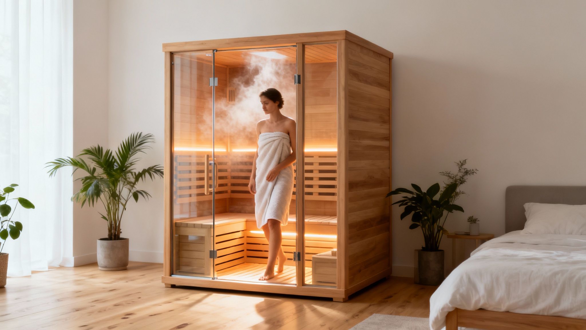 A woman relaxing in a home infrared sauna, illustrating a path to daily wellness