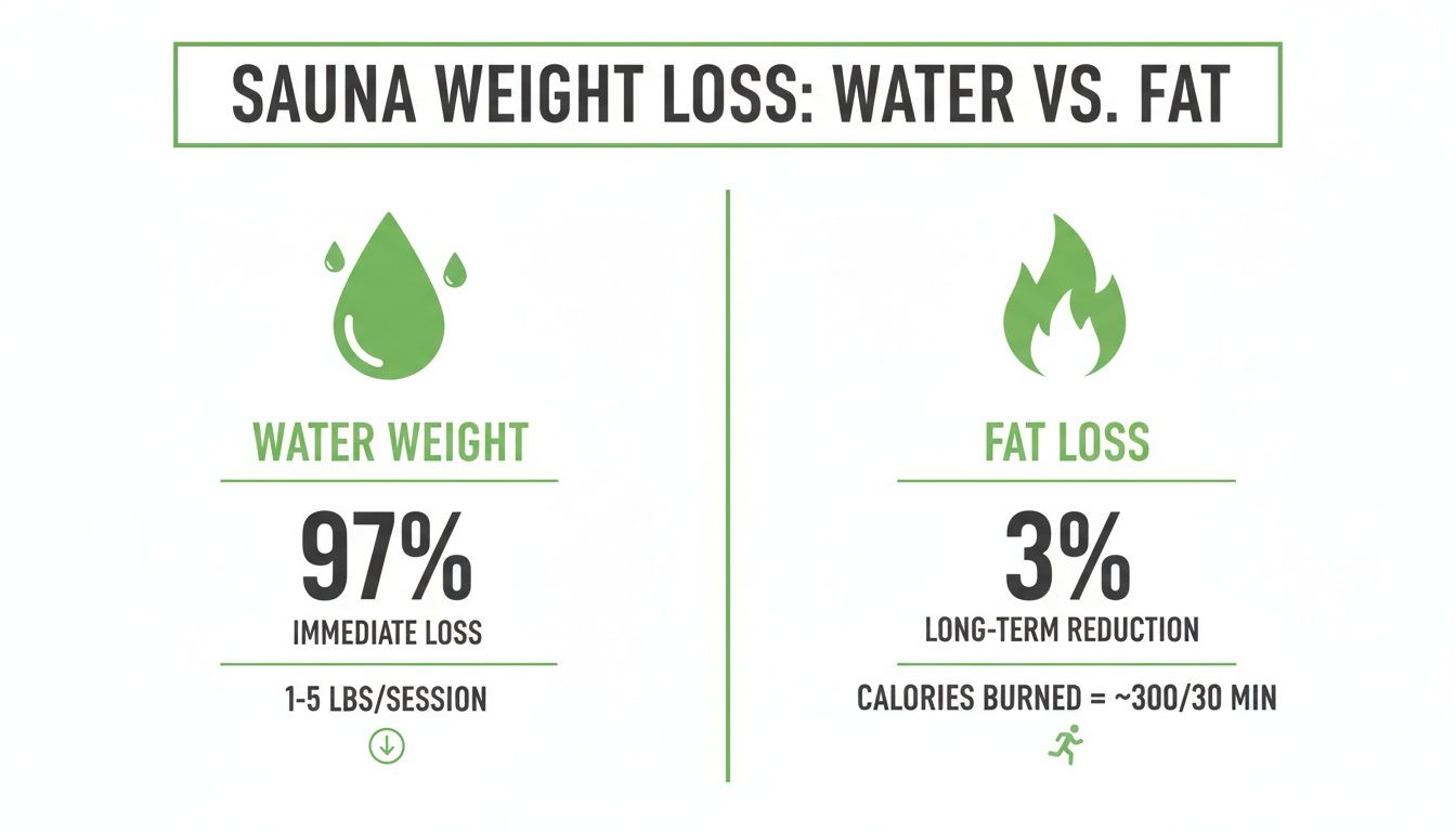 Infographic detailing sauna weight loss, showing 97% is immediate water weight and 3% is long-term fat reduction.