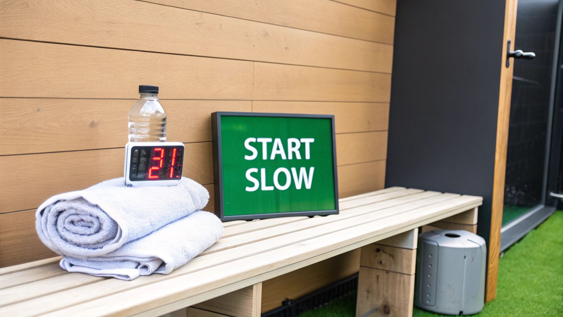 Wellness bench with folded towels, water bottle, and a digital timer, next to a 'START SLOW' sign.