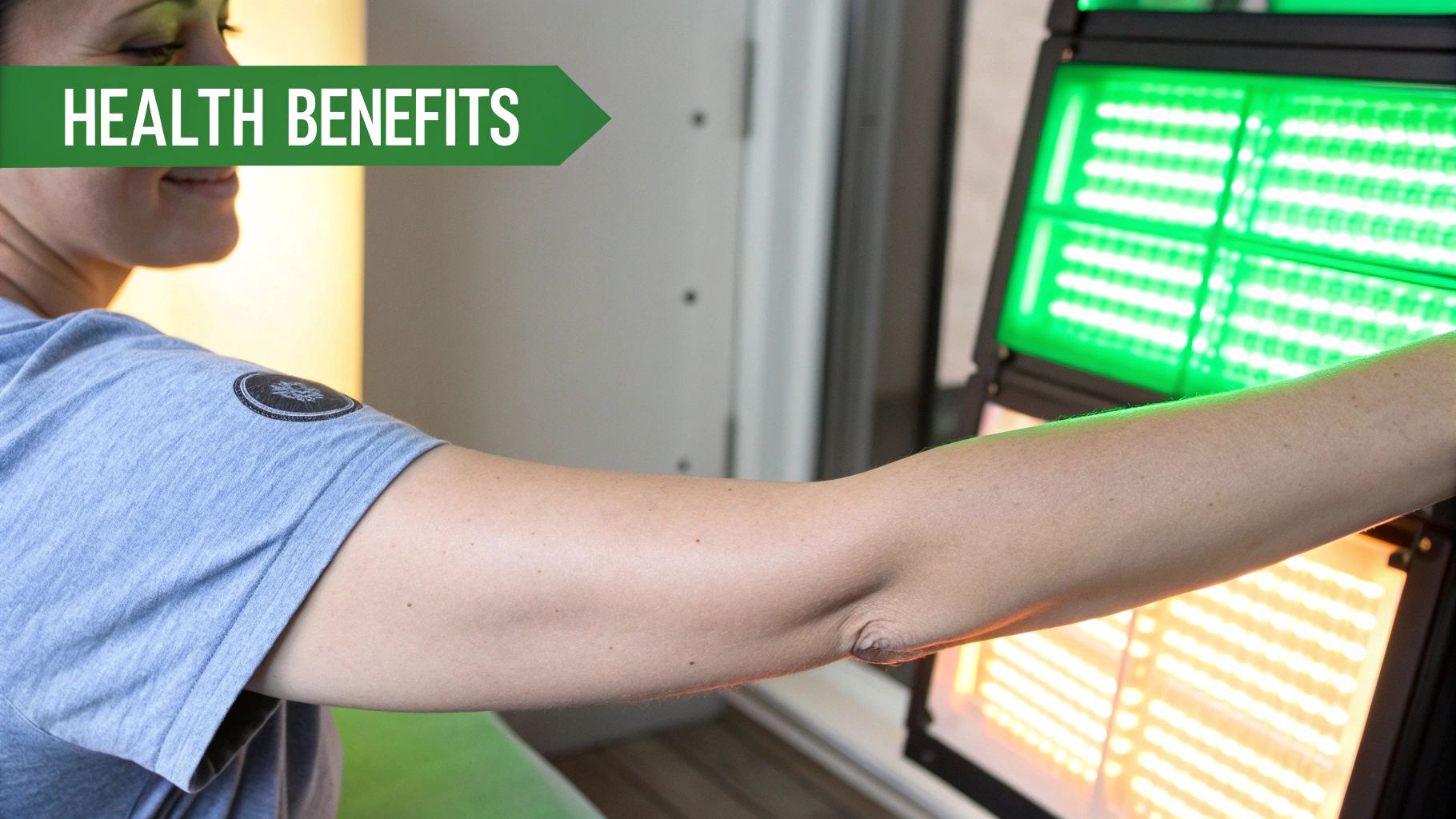 Woman's arm receiving light therapy from green and orange LED panels, highlighting health benefits.