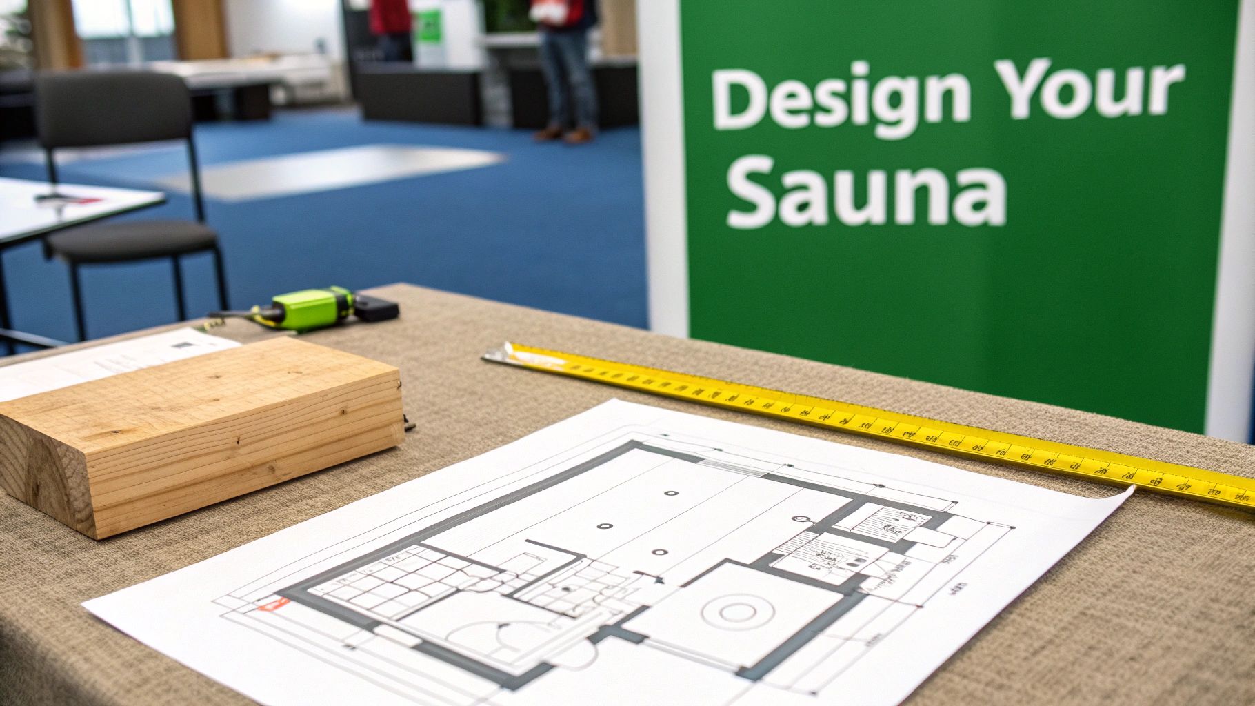 A table display with sauna design blueprints, wood, ruler, and a "Design Your Sauna" sign.