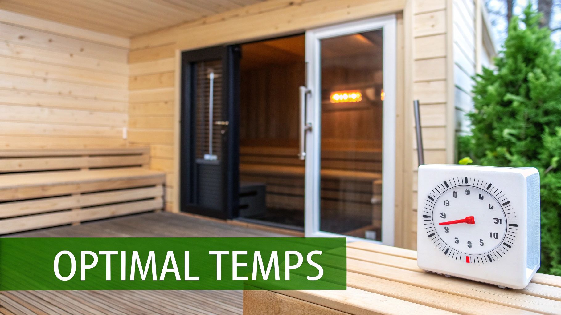 Outdoor wooden sauna with benches, a glass door, an infrared heater inside, and a timer on a wooden table.