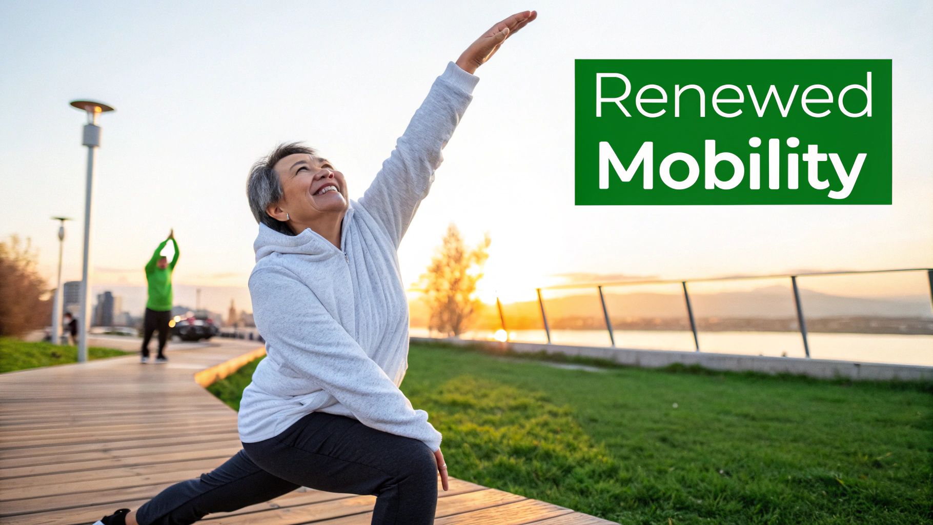 An older woman happily stretches outdoors at sunset, performing a lunge with another person in the background.
