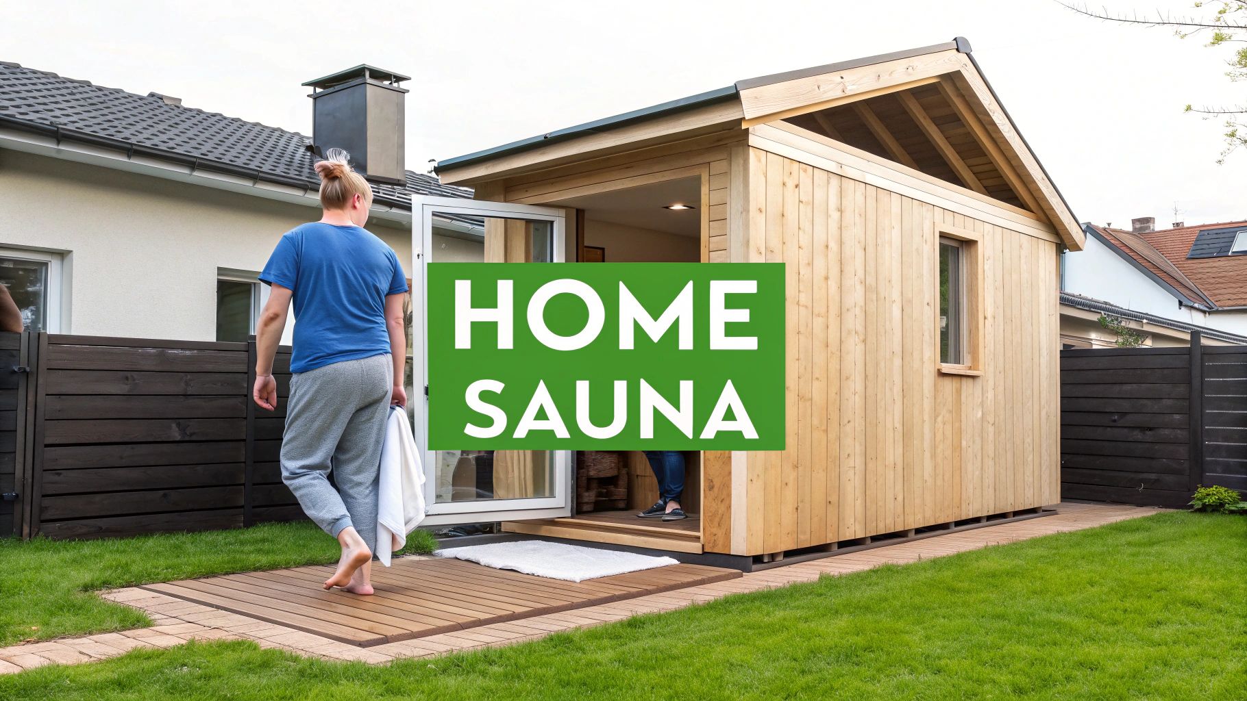 A person walking barefoot with a towel towards a modern wooden home sauna in a green backyard.