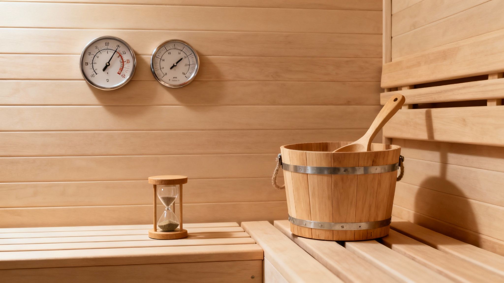 A classic wooden sauna bucket and ladle sitting on a bench.
