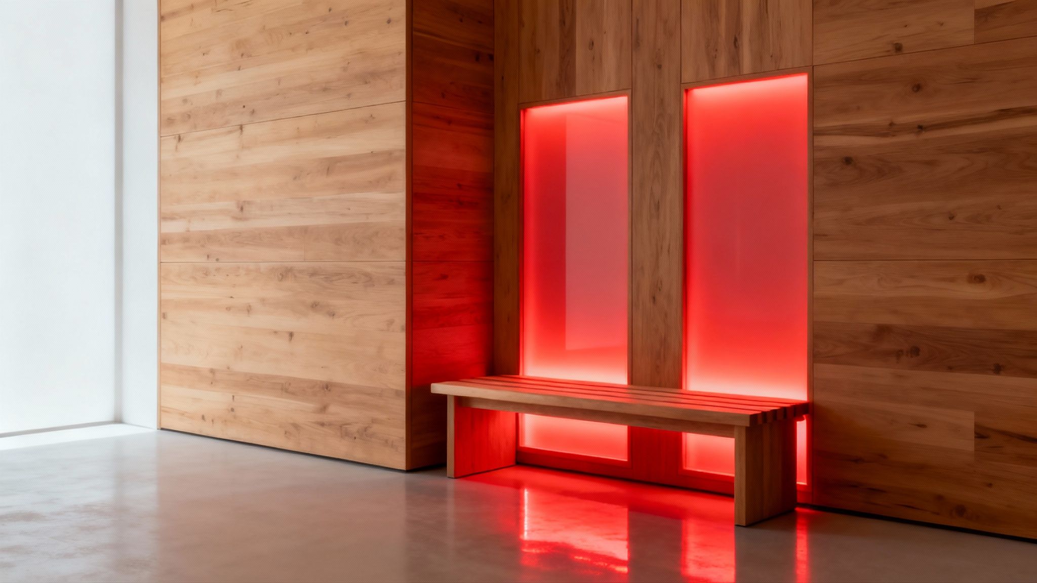 An infrared sauna with glowing red heat panels and a person relaxing inside.