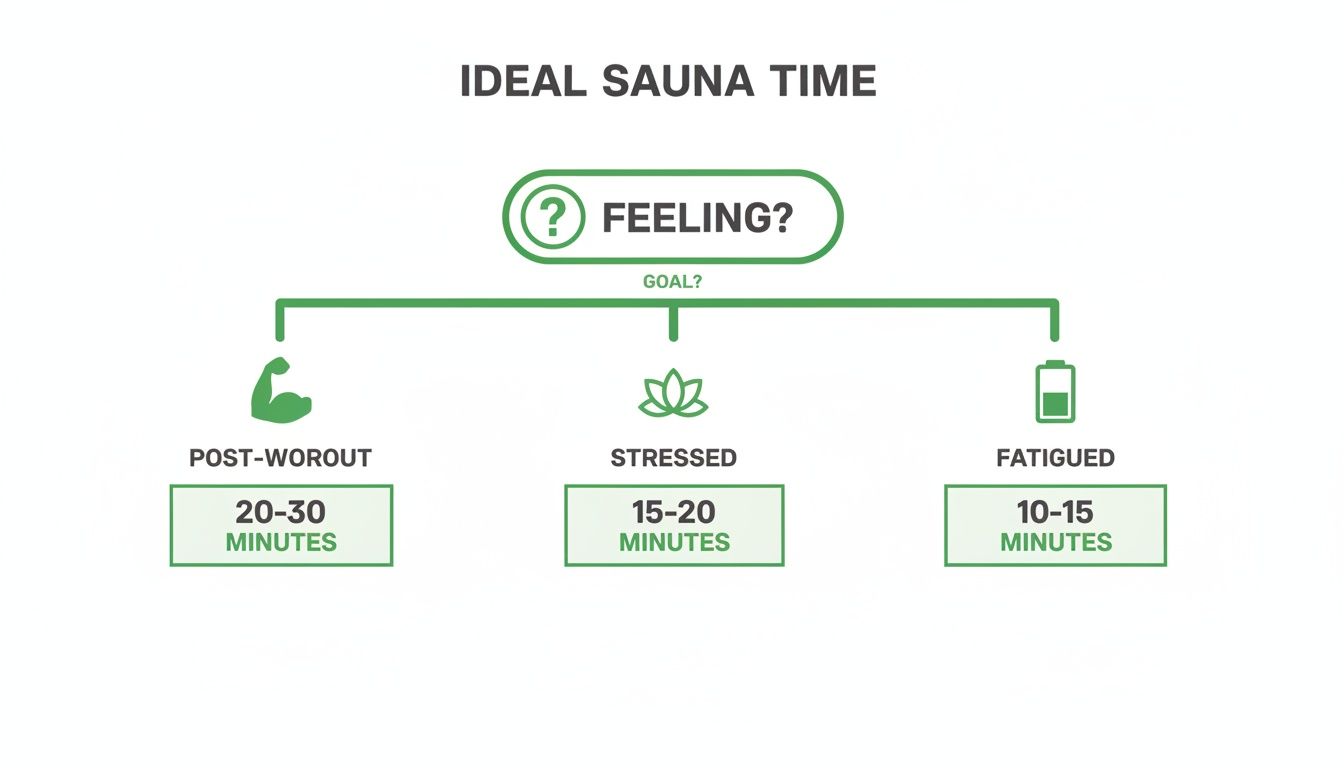 A flowchart detailing ideal sauna times based on your goal: post-workout, stressed, or fatigued.