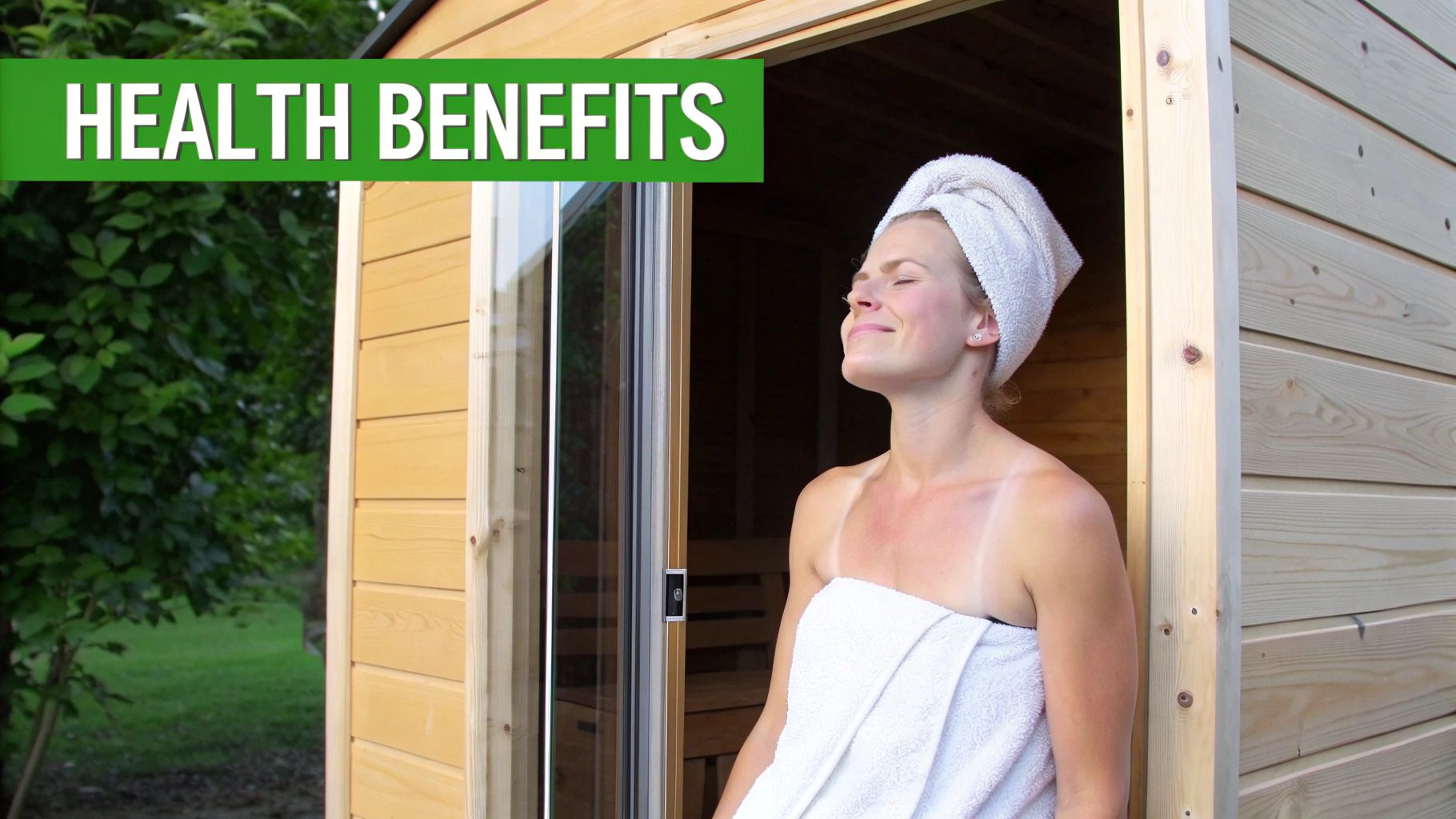 Relaxed woman in a towel smiling outside a wooden far infrared sauna, enjoying the health benefits.