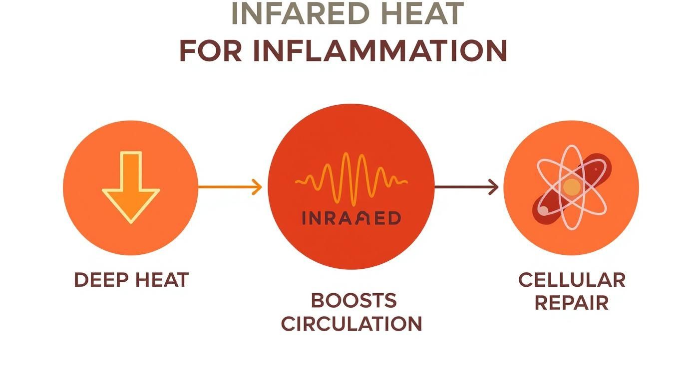 Diagram illustrating how infrared heat provides deep heat, boosts circulation, and promotes cellular repair for inflammation.