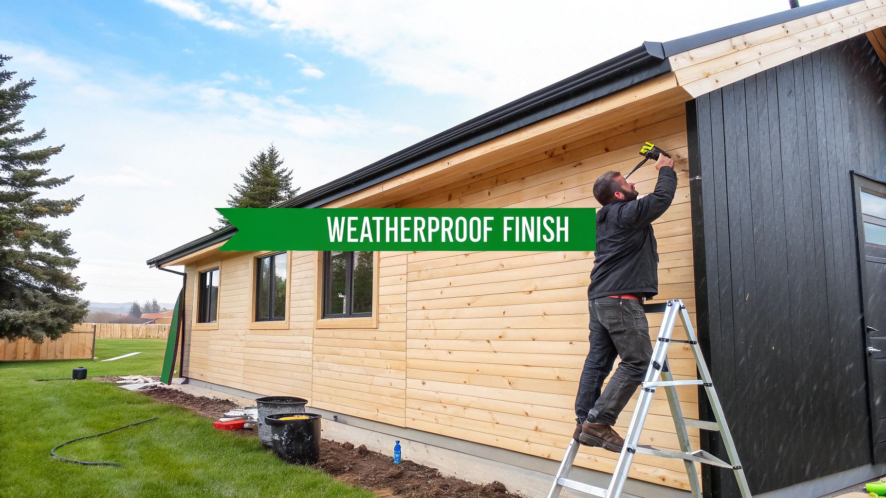 A worker installs a weatherproof finish on the light and dark wood exterior of a modern building.