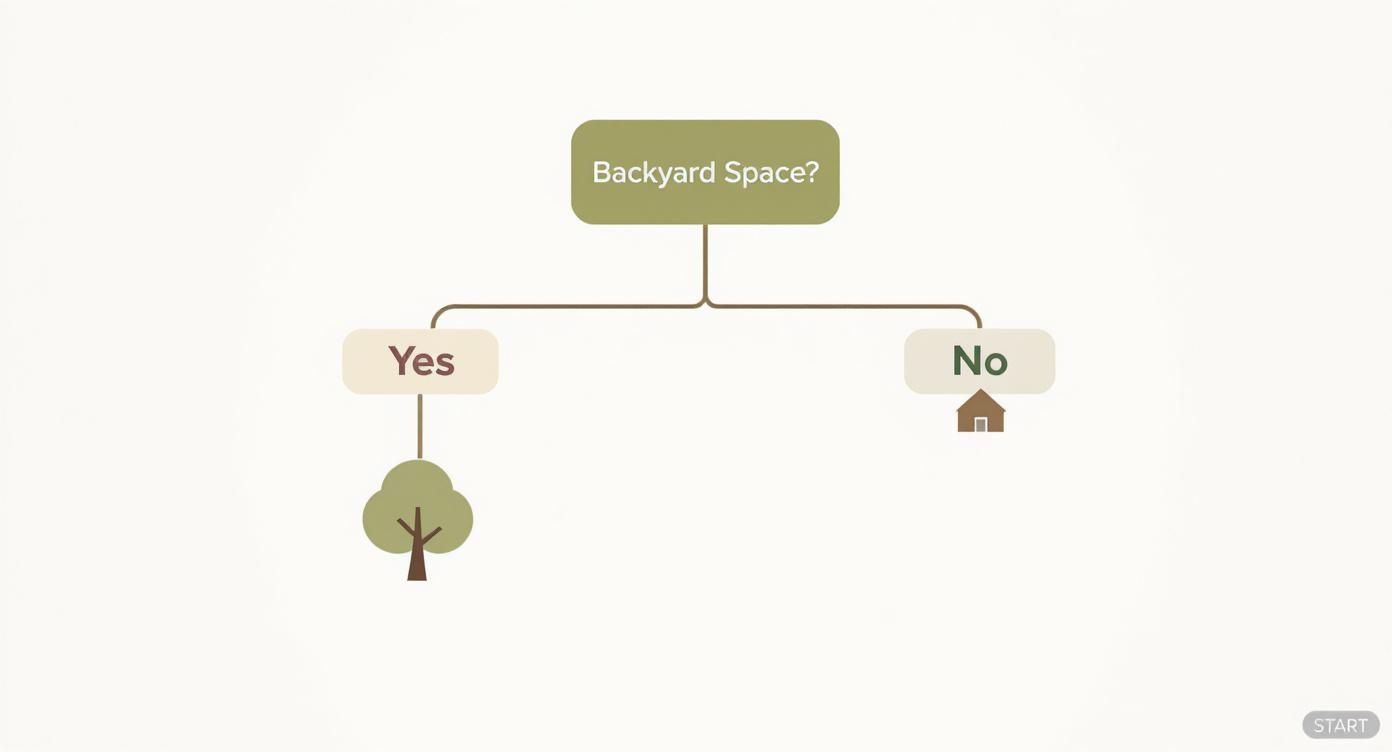 Decision tree flowchart showing backyard space determines choice between outdoor sauna or home installation