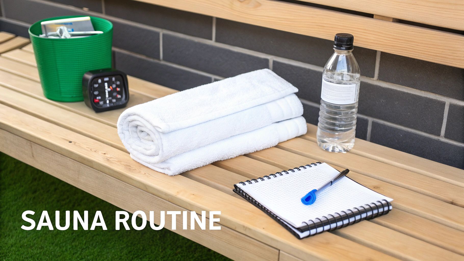 Sauna essentials on a wooden bench: stacked white towels, water bottle, timer, notebook, and a green bucket.