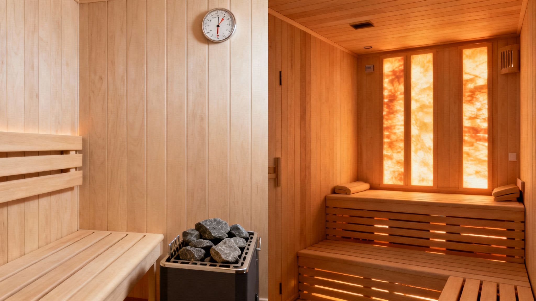Two different types of saunas, one traditional and one infrared, shown side-by-side.