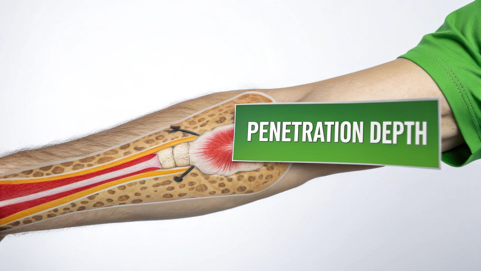 An arm with a transparent overlay showing internal anatomy, holding a sign that reads 'PENETRATION DEPTH'.