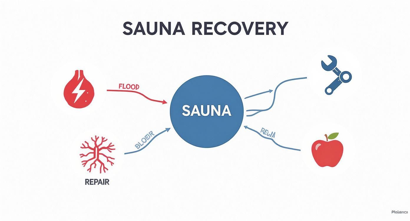 A 'Sauna Recovery' diagram showing inputs like a lightning bolt and repair, with outputs including a wrench and an apple.