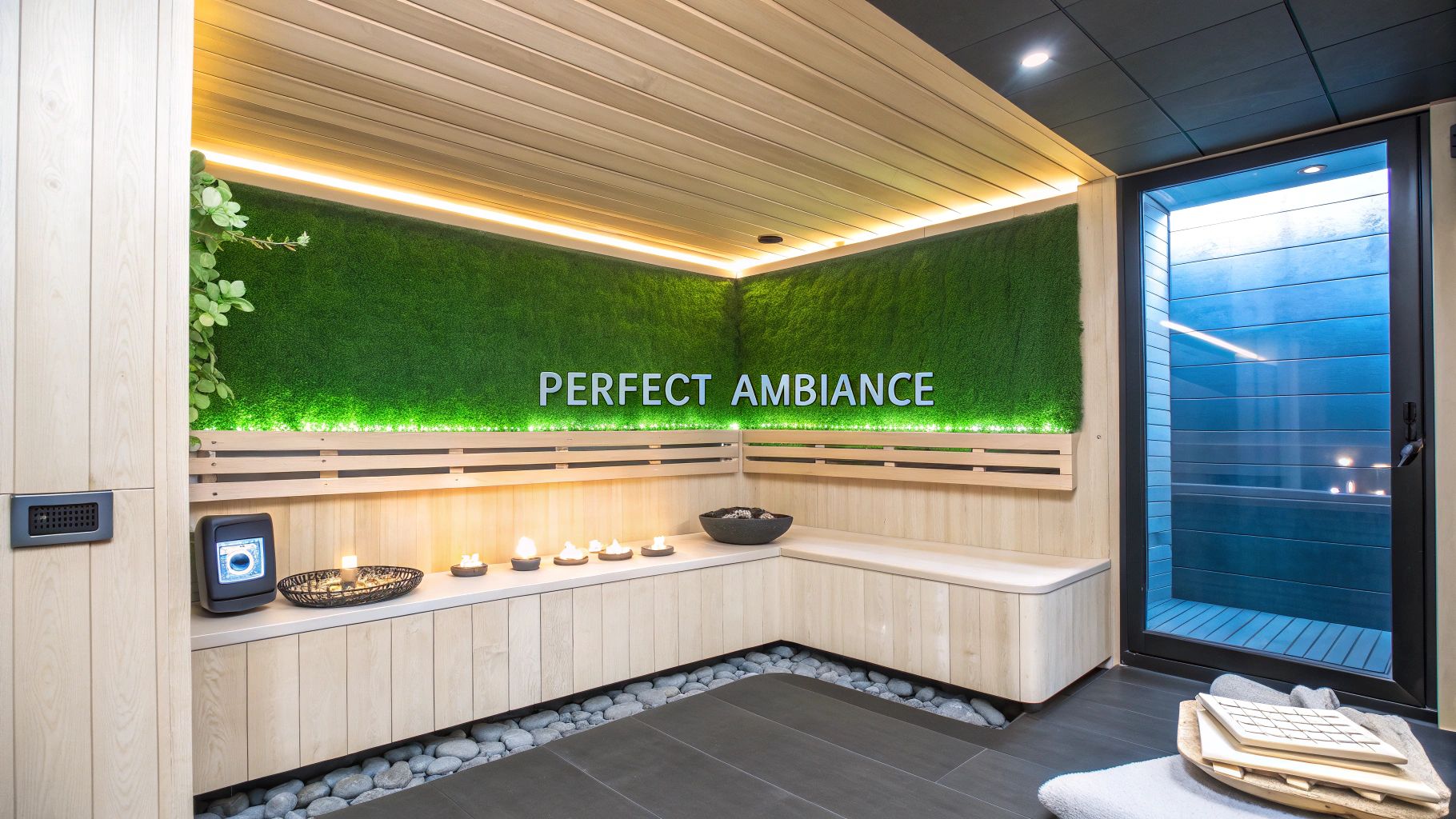Modern sauna interior with a green moss wall, 'PERFECT AMBIANCE' sign, and wooden benches.