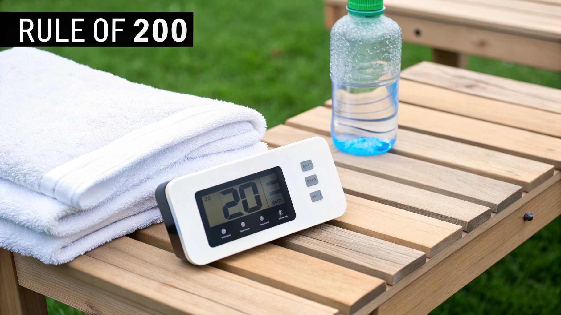White towels, a digital thermometer showing 20 degrees, and a water bottle on a wooden bench outdoors.