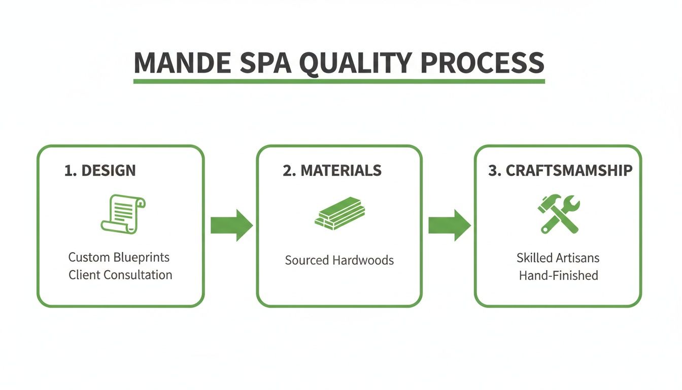 A flowchart outlining the Mande Spa quality process: Design, Materials, and Craftsmanship with icons.