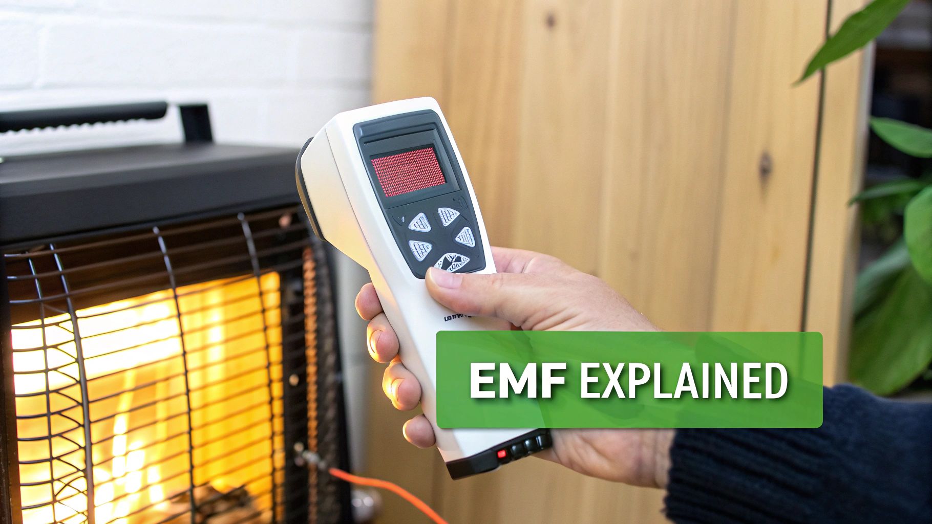 A hand holds an EMF meter near a glowing electric heater, with 'EMF EXPLAINED' text.
