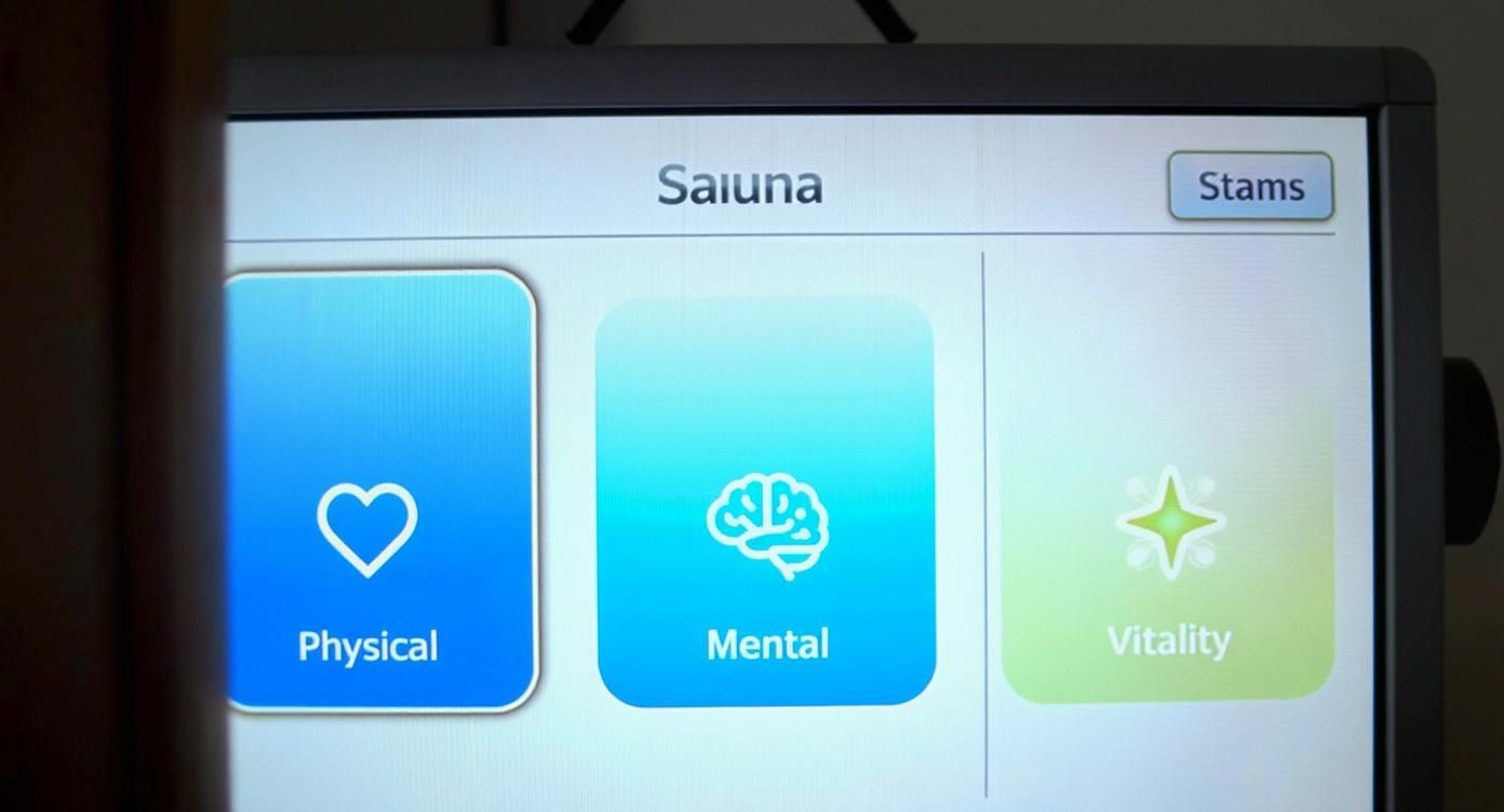 A digital sauna control panel showing wellness options for Physical, Mental, and Vitality programs.