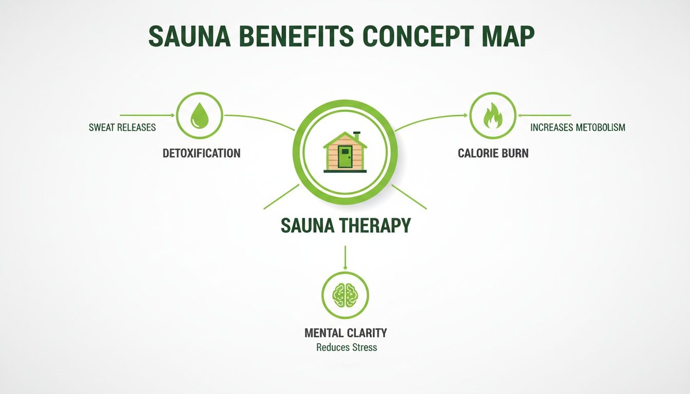 A concept map showing sauna benefits: detoxification from sweat, calorie burn by increasing metabolism, and mental clarity reducing stress.
