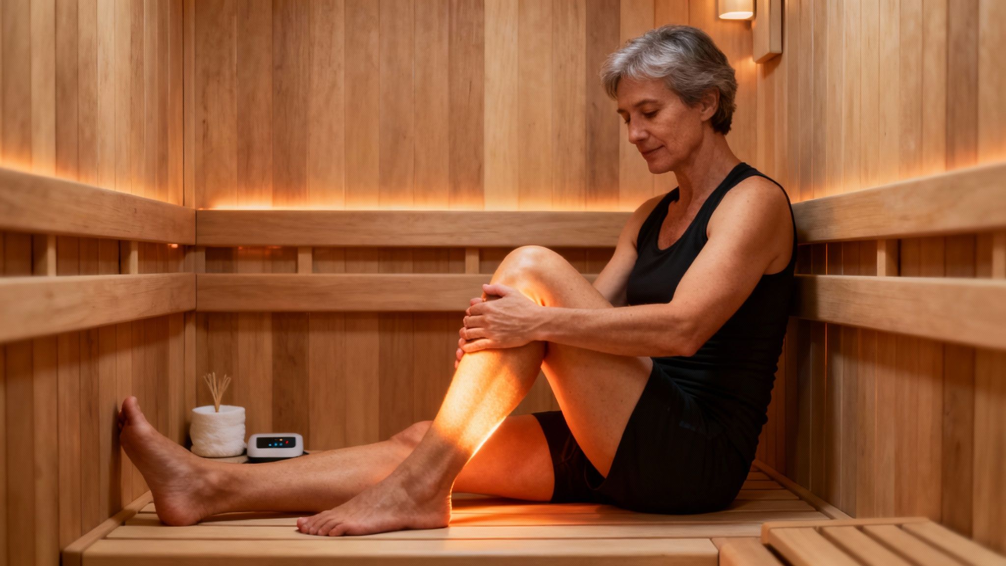 A person stretching and feeling relief from muscle soreness, highlighting the pain relief benefits of infrared saunas.