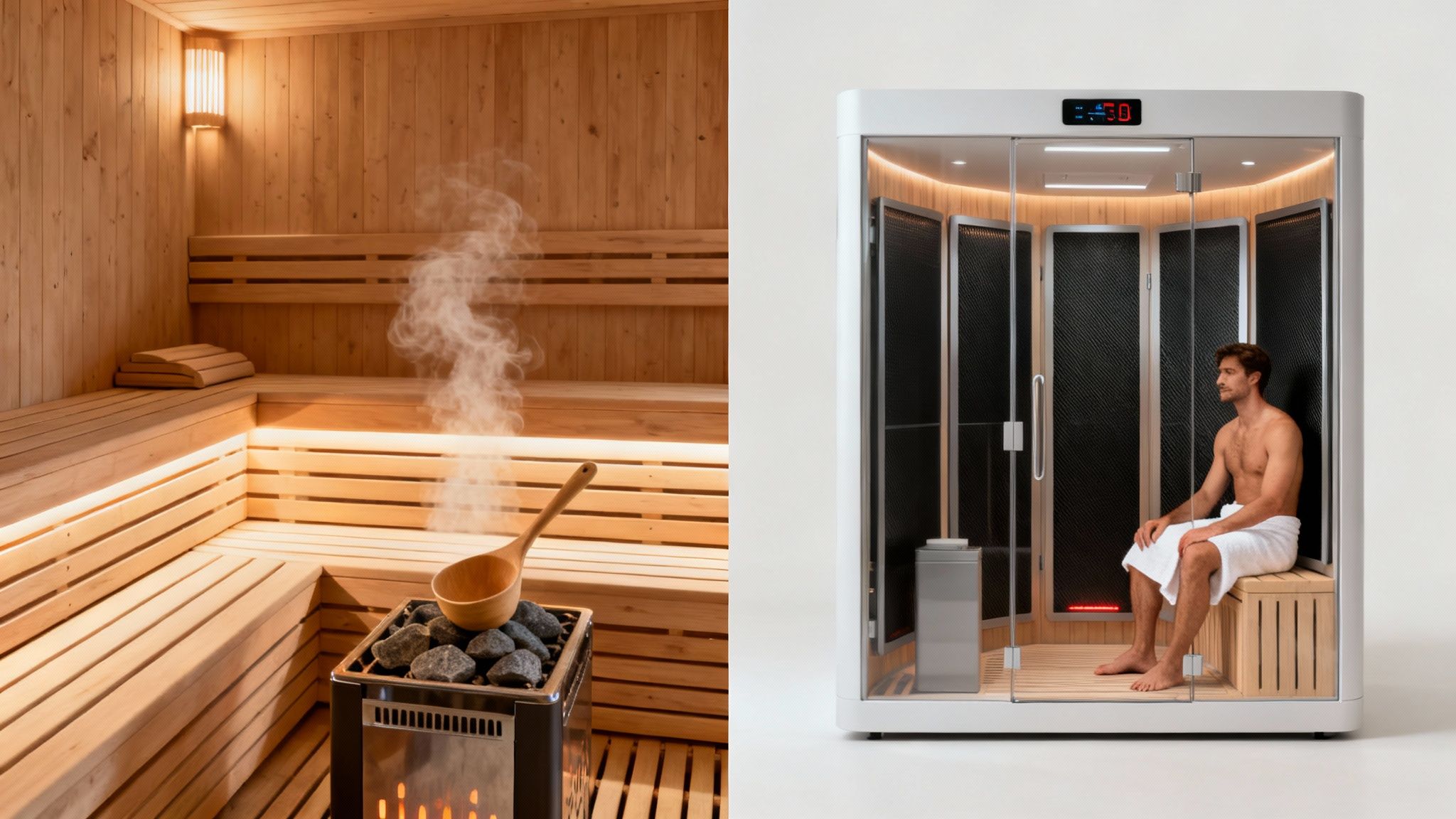 Traditional wooden sauna with steam and modern infrared sauna cabin comparison for home use