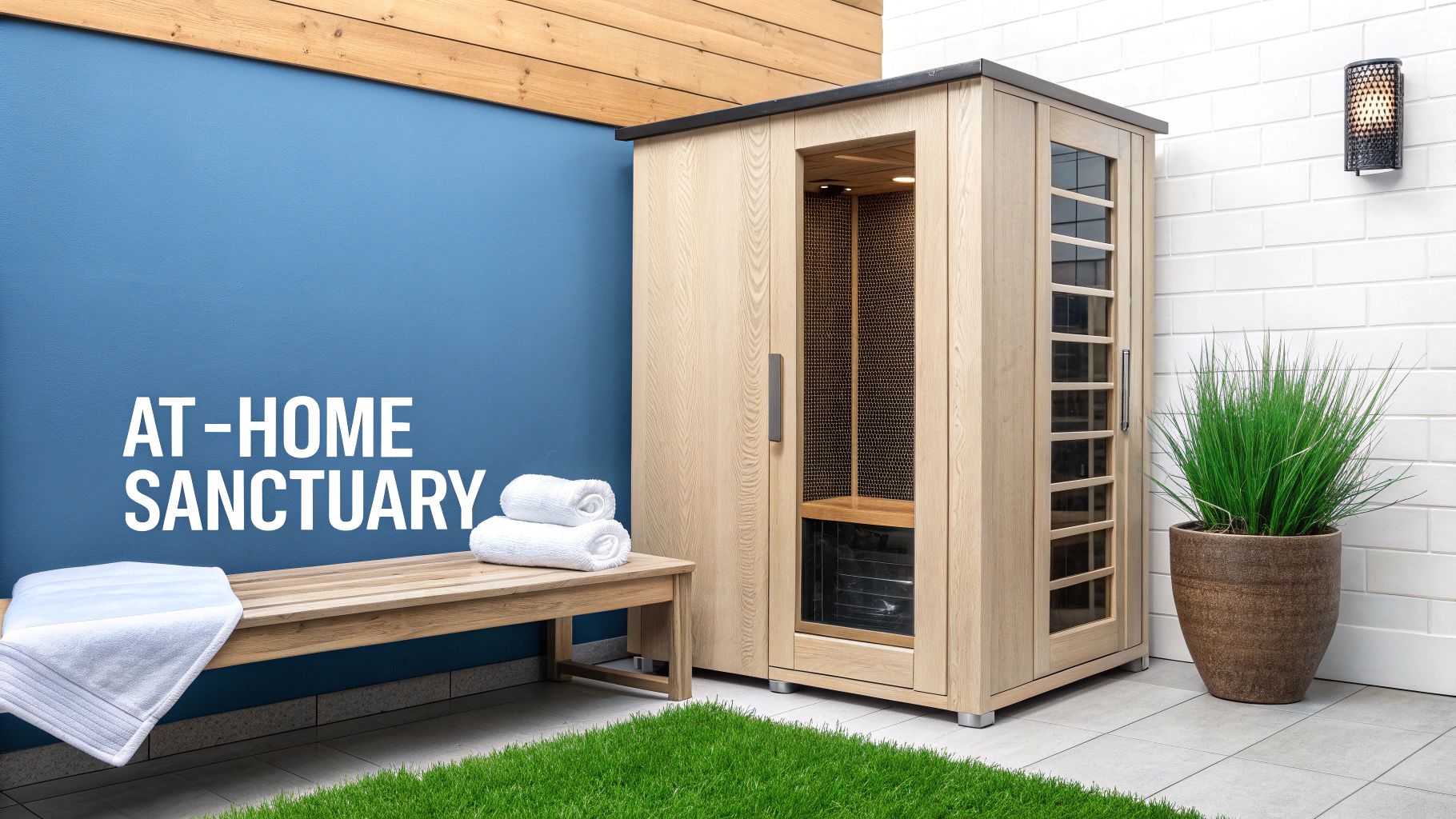 A modern infrared sauna in a tranquil home spa setting with a wooden bench, towels, and lush green plant.