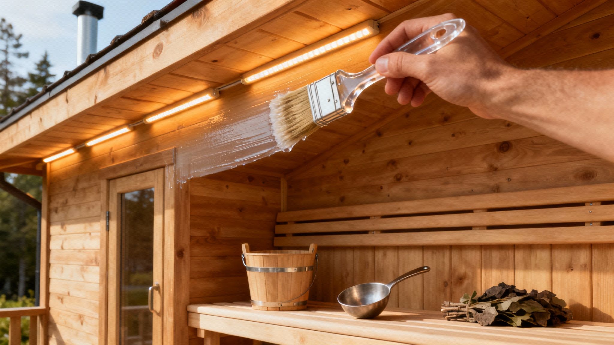 A person relaxing in a well-lit outdoor sauna, showcasing interior accessories like a bucket and ladle.