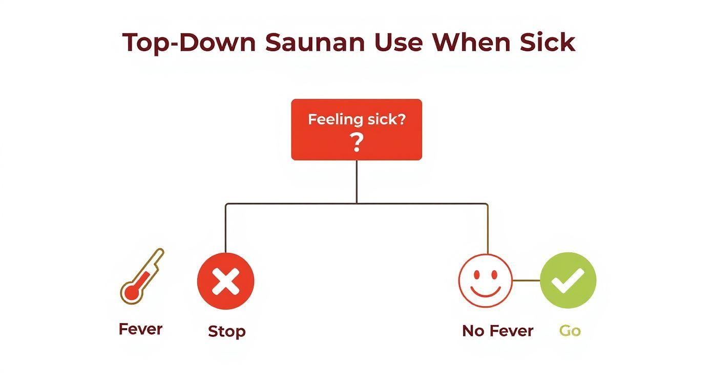 Flowchart showing whether to use a sauna when feeling sick, based on the presence of a fever.