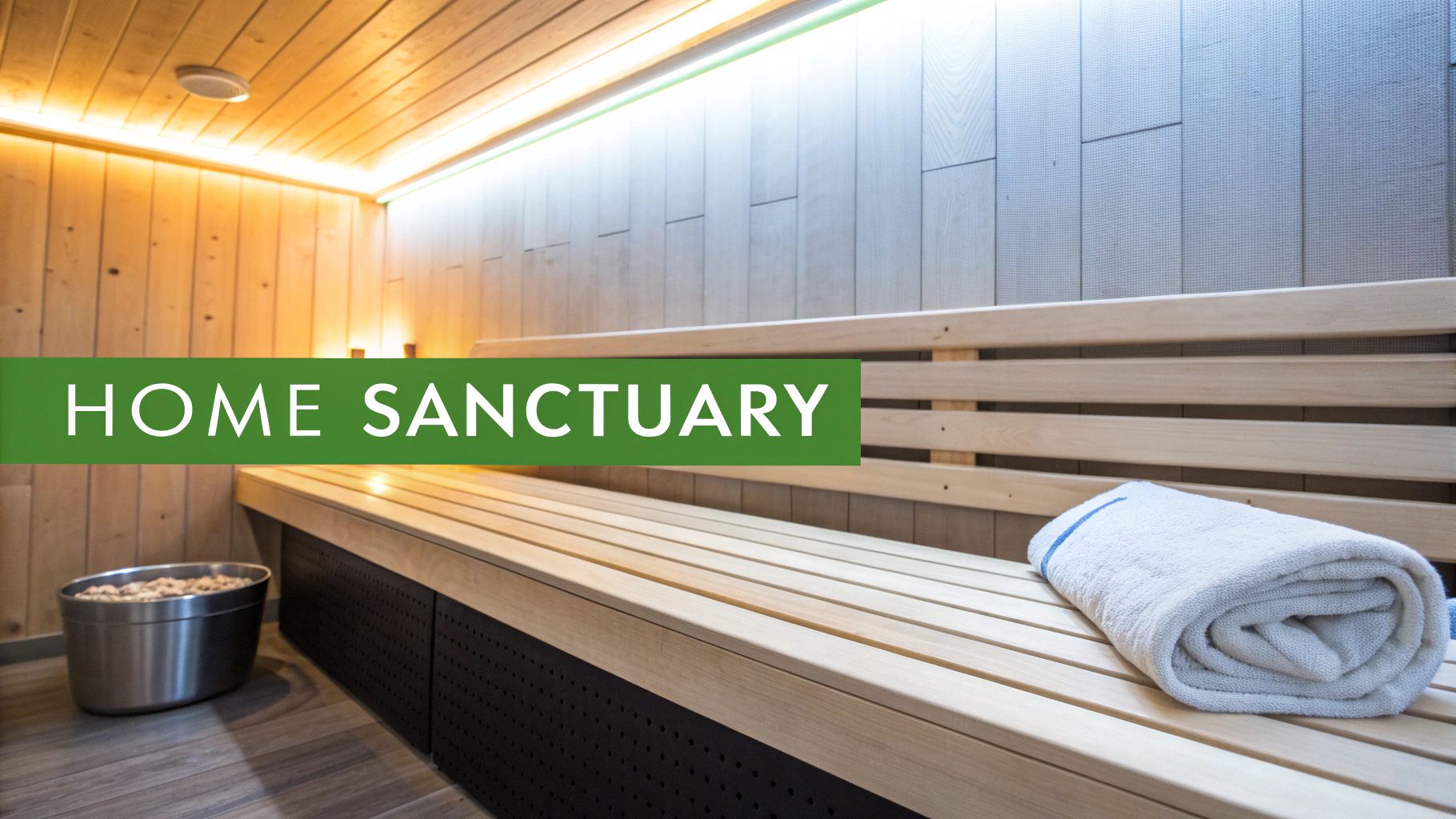 Interior of a clean, modern home sauna with wooden benches, a sauna heater, and a towel.