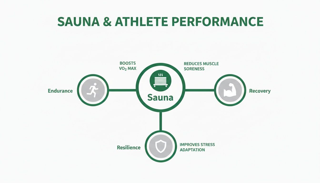 Infographic showing sauna benefits for athletes, boosting endurance, recovery, and resilience through improved VO2 max and stress adaptation.