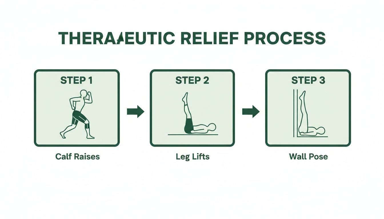 A three-step guide illustrating therapeutic exercises for leg relief, including calf raises, leg lifts, and wall pose.