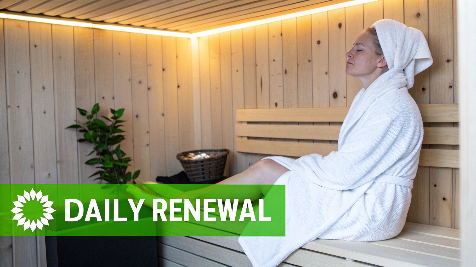 A woman in a white bathrobe and towel on her head relaxes with closed eyes in a wooden sauna.