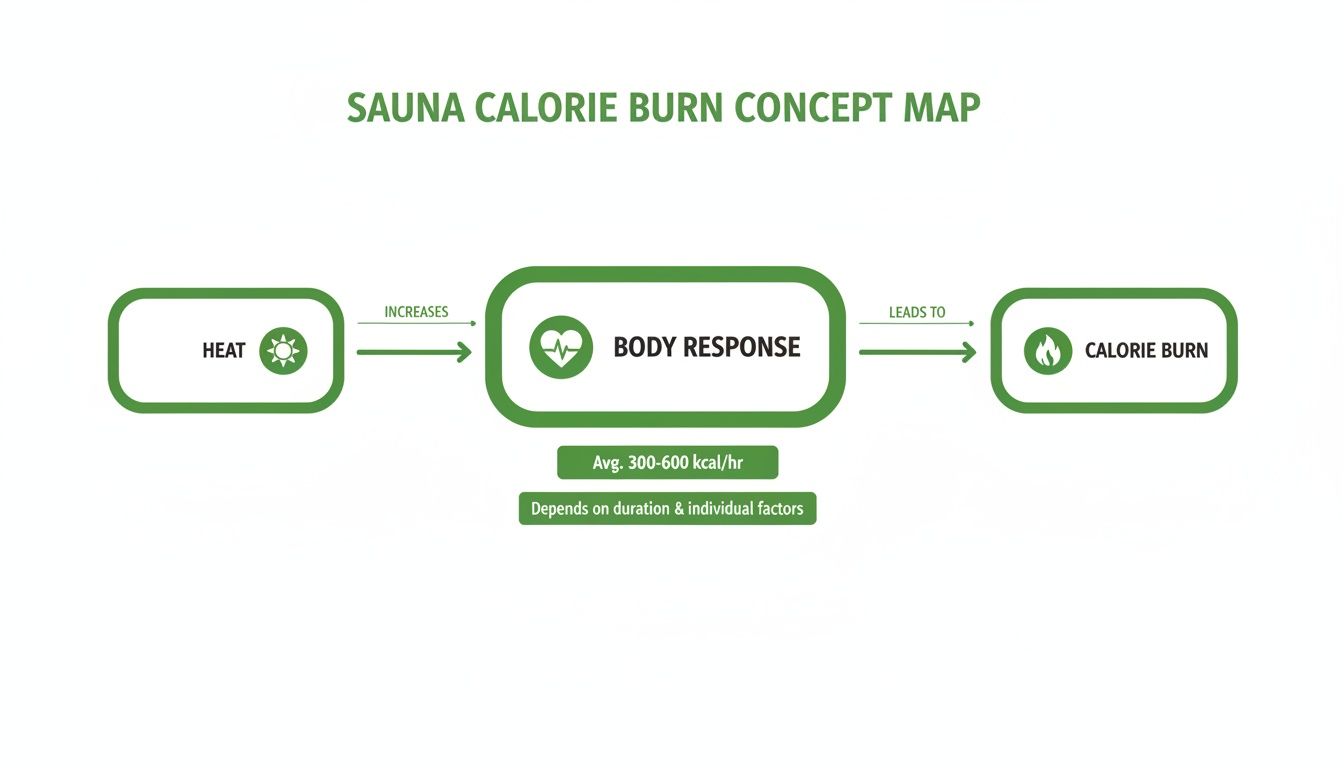 Concept map illustrating how sauna heat increases body response, leading to calorie burn (300-600 kcal/hr).