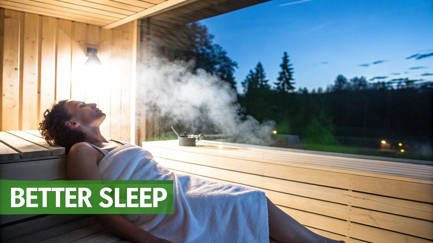 Woman relaxing in a steamy sauna at dusk, with natural light and a view of trees.