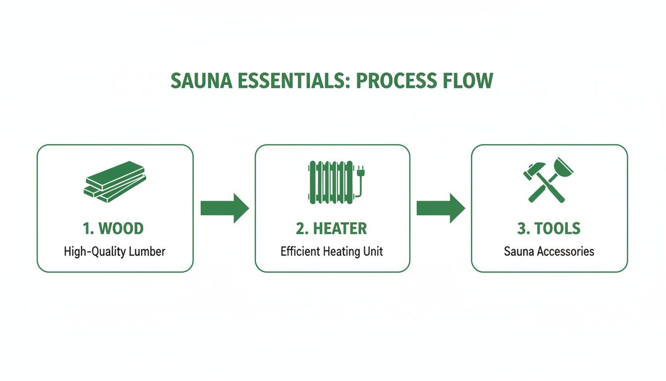 A three-step process flow illustrating the essential components for building or enjoying a sauna.