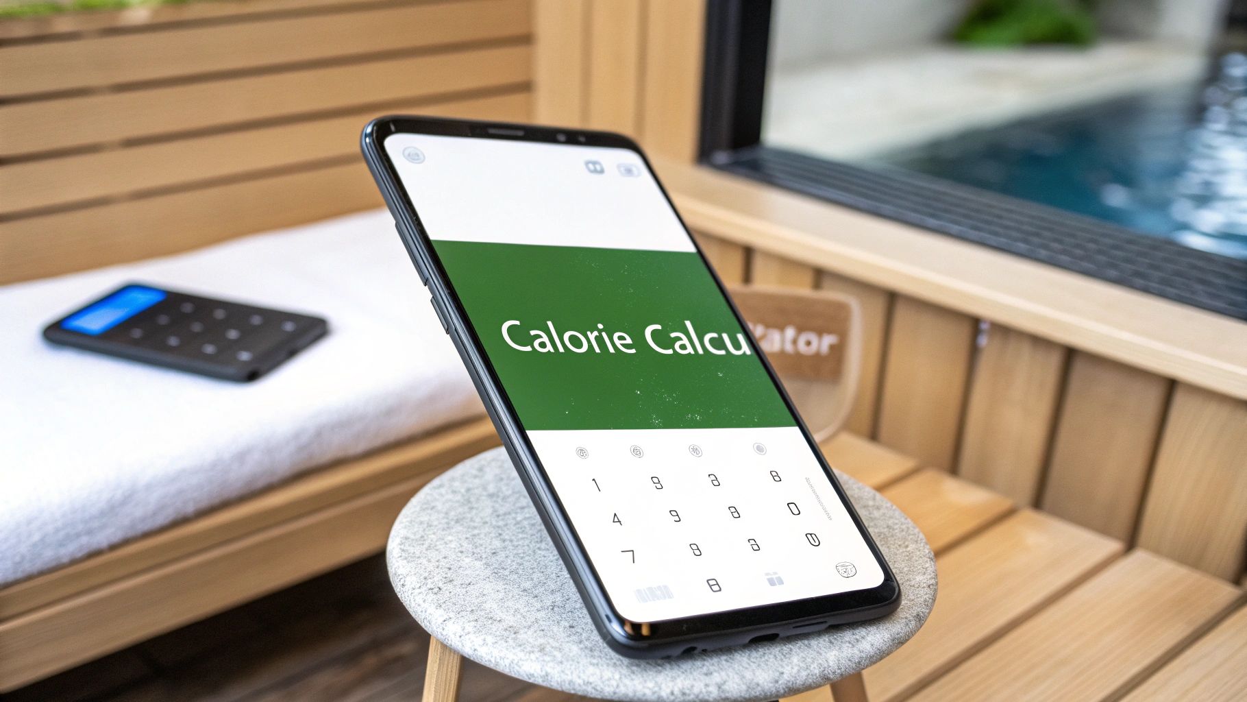 A smartphone displays a calorie calculator app in a sauna room, next to a pool.
