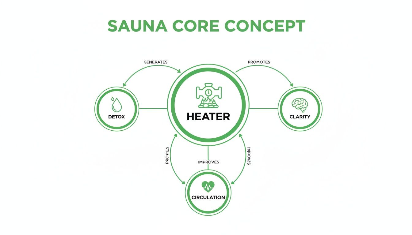 Diagram illustrating the sauna core concept, linking a heater to detox, clarity, and circulation benefits.