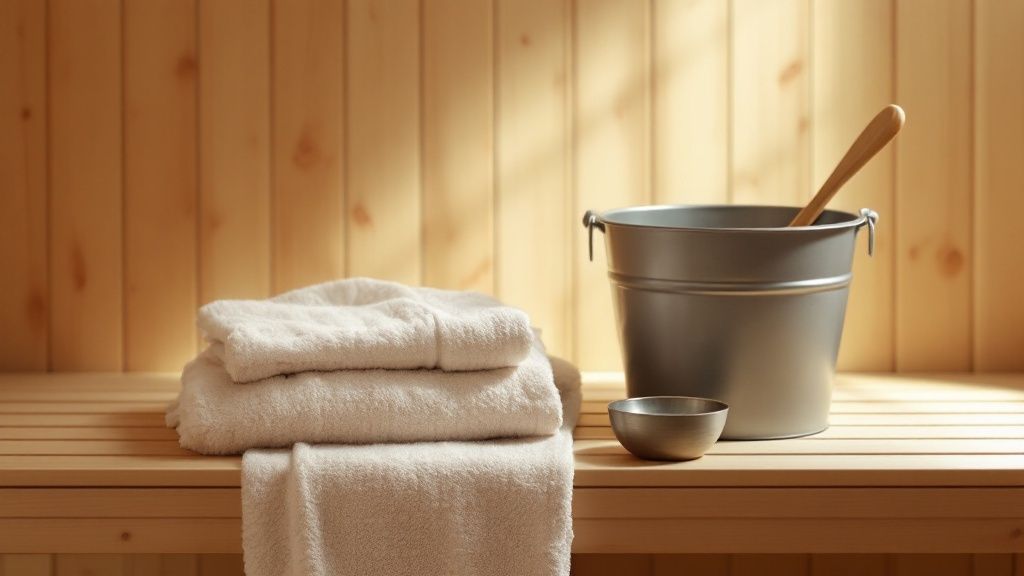 A person preparing for a sauna session by wrapping themselves in a white towel.